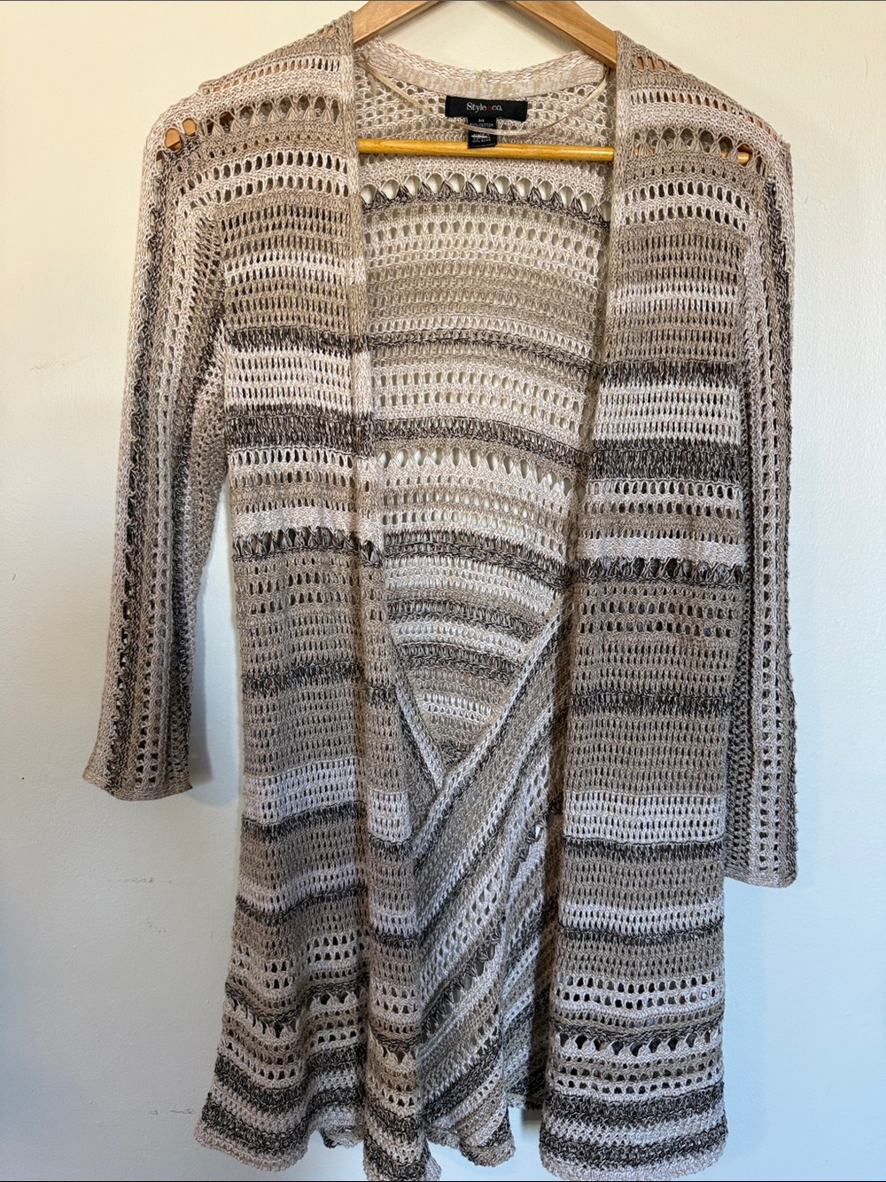 Style & Co Tan Multi Stripe Crochet Open Front Cardigan Medium Womens Pointelle - Picture 4 of 11